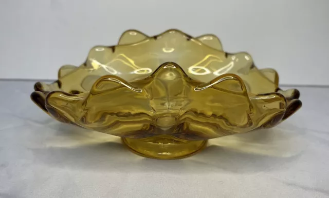 MCM Viking Glass Amber Yellow Double Crimp Folded Footed Low Bowl 7.5" x 5" x3”