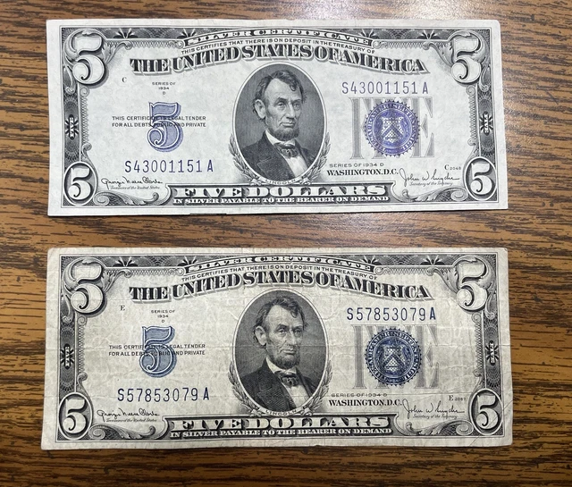 Set of 2 - 1934 D $5 Five Dollars Blue Seal Silver Certificate
