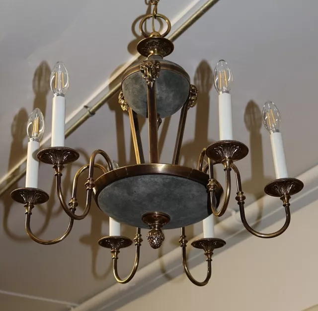 Late 20C French Empire Rams Head Brass 6 Light Chandelier