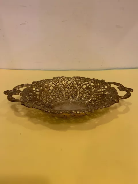 Vintage Ornate Brass Victorian Basket Tray Dish Floral Design 13.5''