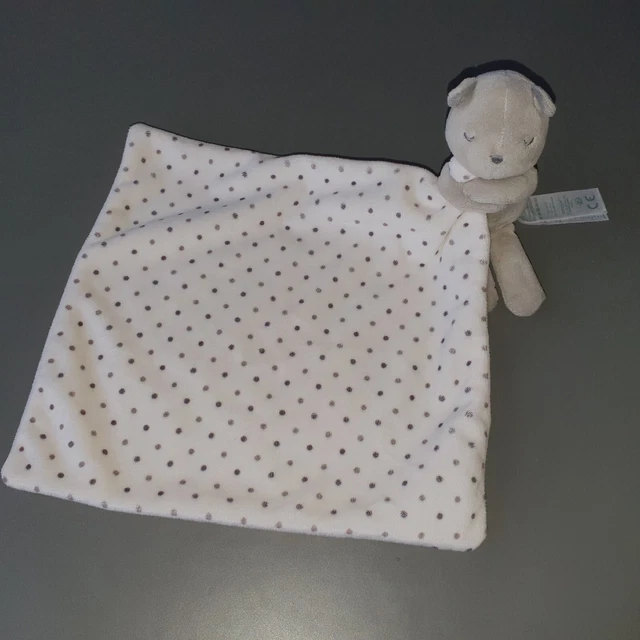 doudou chat ours marron gris taupe blanc Pois mouchoir Étiquette Satinée Neuf