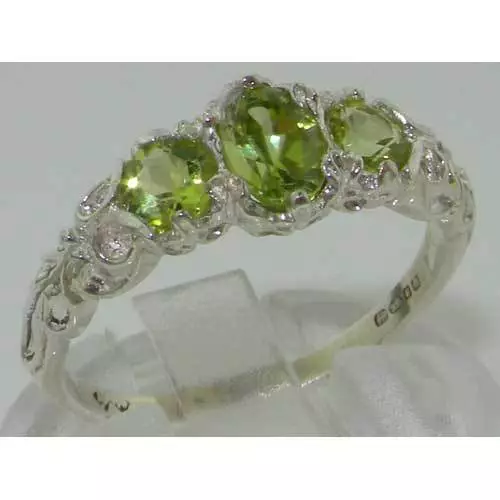 Ladies Solid Sterling Silver Natural Peridot English Victorian Trilogy Ring