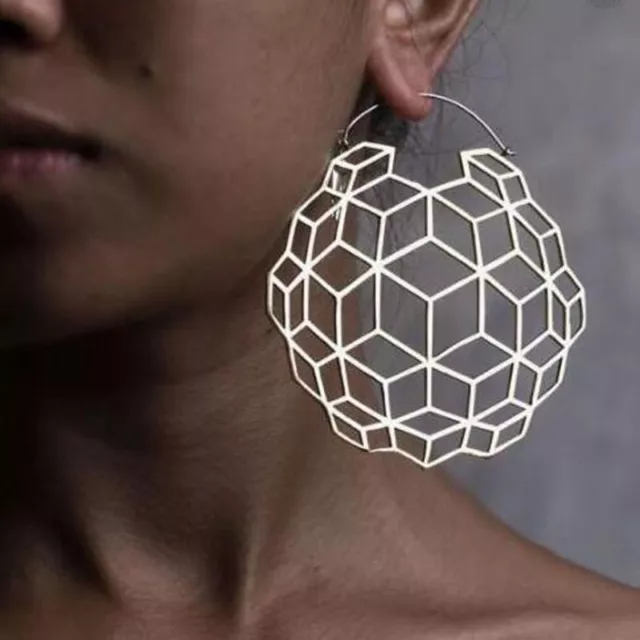 Cube Drop Earrings Gold Silver Ethnic Dangle Women Hollow Jewelry Ear Accessory