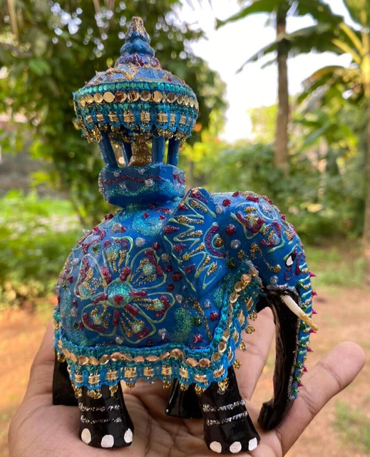 Handmade Elephant  Statue Wooden Hand Carved Blue Color Decoreated