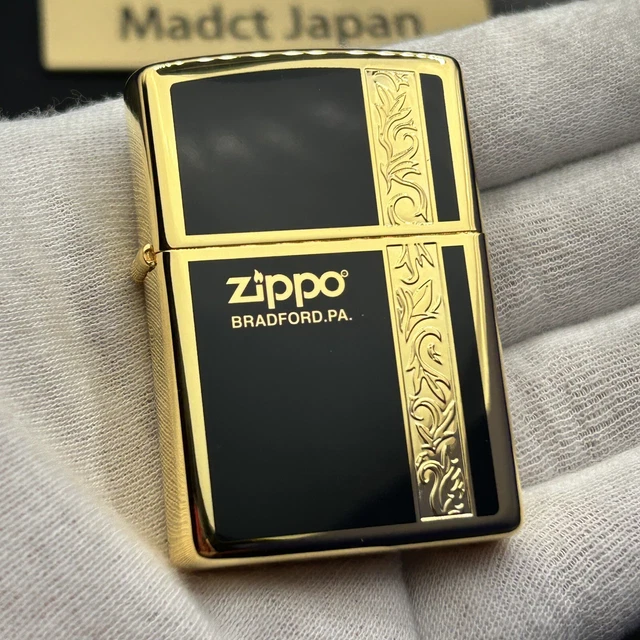 Zippo Oil Lighter Logo Arabesque Black Gold Brass Regular Case Japan