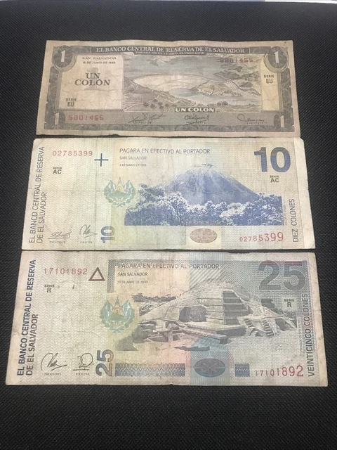 lot of 3 banknotes from El Salvador 1 colon 1980 10 colones 1998 25 colones 1999