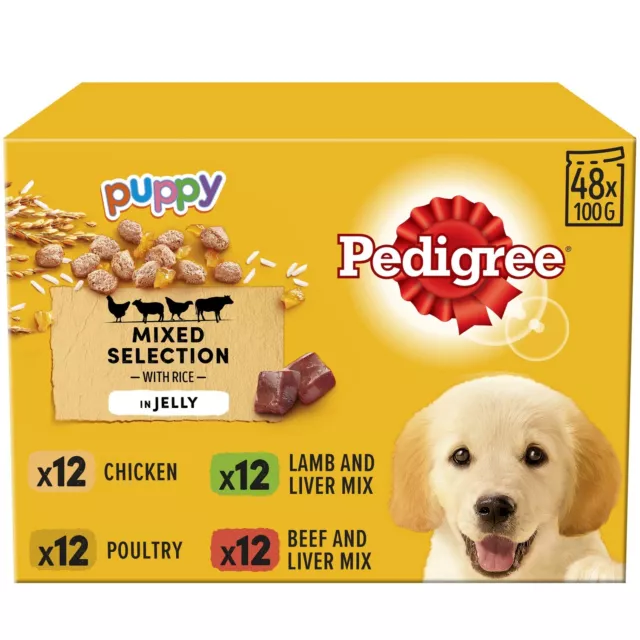 48 x 100g Pedigree Puppy Junior Wet Dog Food Pouches Mixed Selection In Jelly
