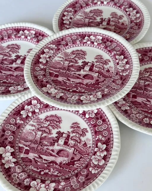 COPELAND Pink “Spode’s Tower” Old Backstamp Bread & Butter Plates (5) 6 1/2"