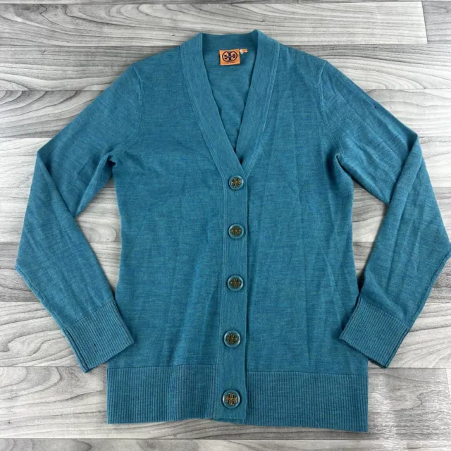 Tory Burch Sweater Logo Button Merino Wool V-Neck Cardigan Blue Size Medium