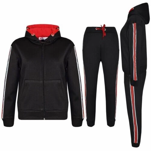Ragazze Tuta Bambini Tinta Unita Contrasto Righe con Cappuccio Jogging Top Fondo