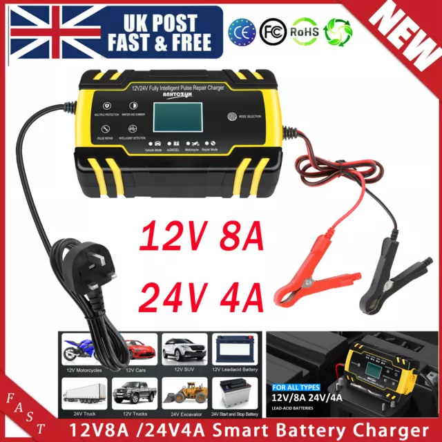 Car Battery Charger 12V 8A 24V Fast Charger Automatic Smart Pulse Repair AGM GEL