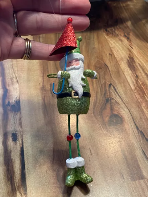 Stylized Green Glitter Slender Santa Umbrella Christmas Ornament Resin Metal 6"