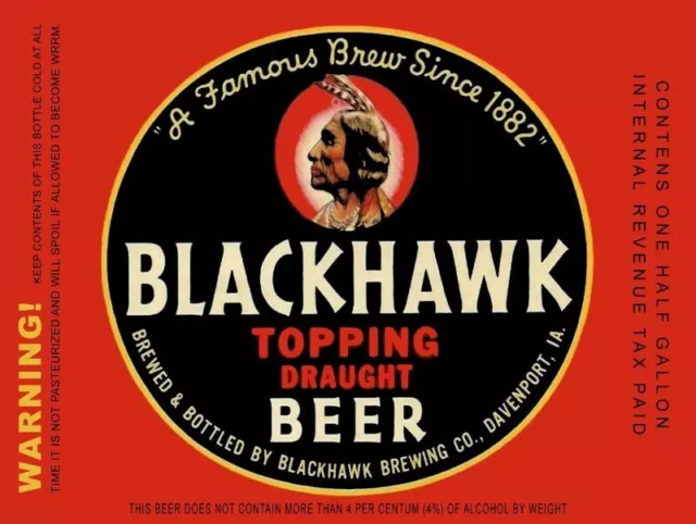 Blackhawk Beer of Davenport, Iowa NEW Metal Sign: Large Size - 12 x 16"