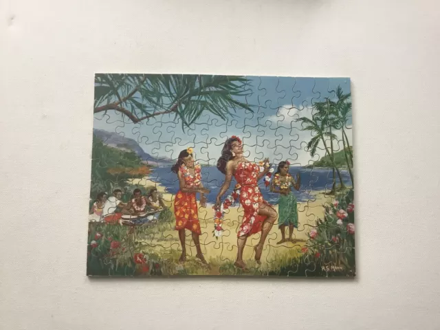 1940’s Victory plywood jigsaw puzzle Hawaiian Flower Dancers Tiki sarong 2