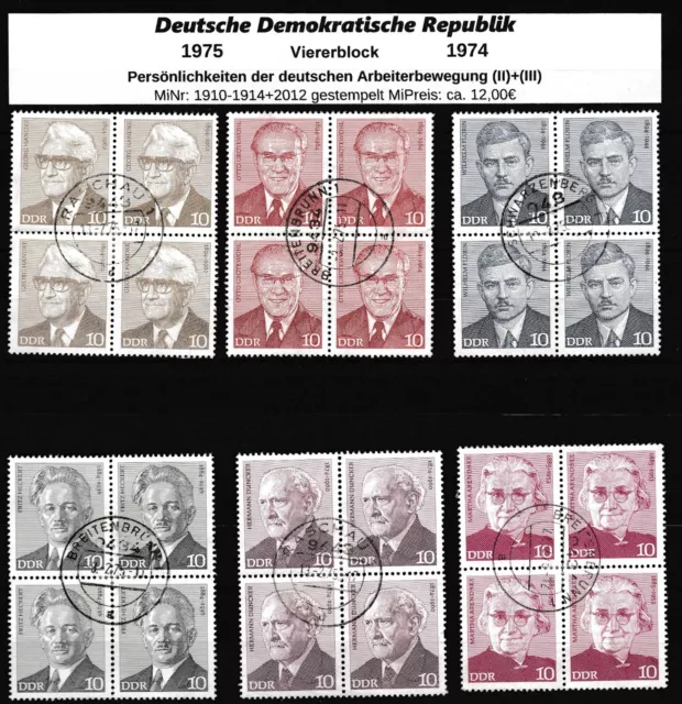 DDR 1975 MiNr. 1910-1914+2012 gestempelte Viererblöcke aus Satz Persönlichkeiten