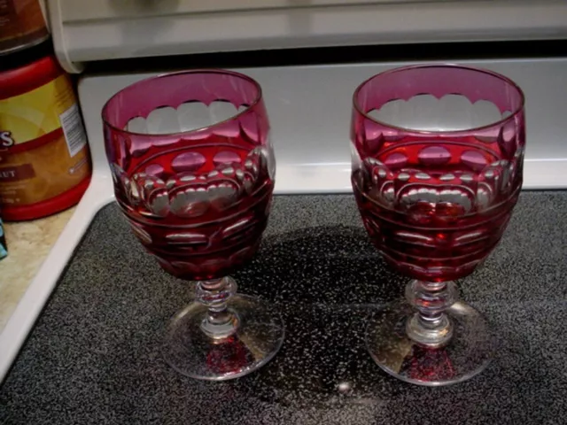 Pair of Val St Lambert Crystal Blarney Ruby Water Goblets 5 7/8" Cut to Clear