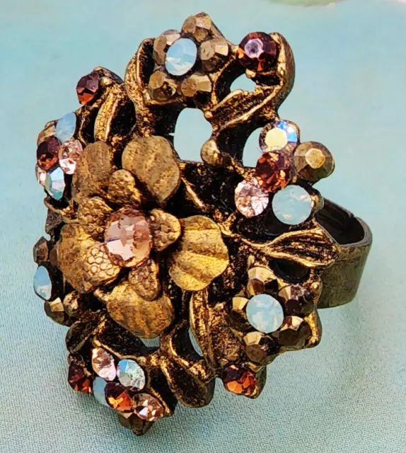 Michal Negrin Ring Gold Tone Floral Crystals Victorian Statement Green Brown