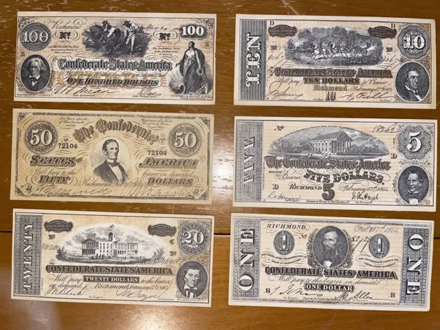 Civil War Confederate Money Facsimile $1 $5 $10 $20 $50 $100 (6) Notes, Crisp