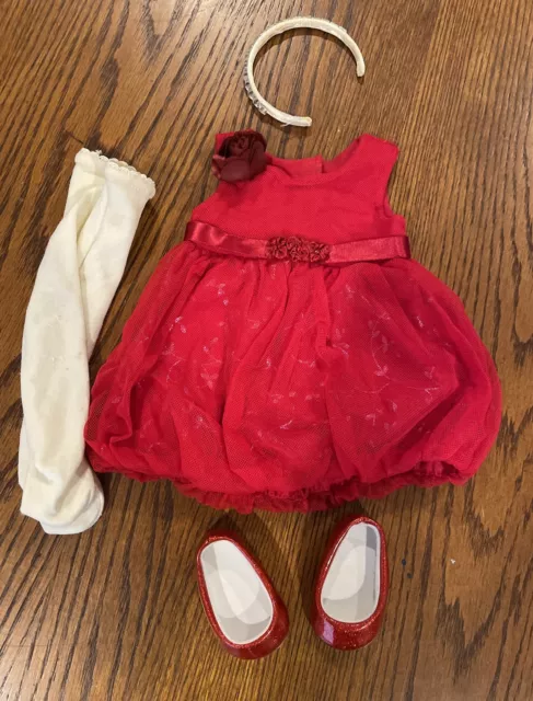 American Girl Doll RED SPARKLE PARTY DRESS Outfit: Shoes, Headband & Tights