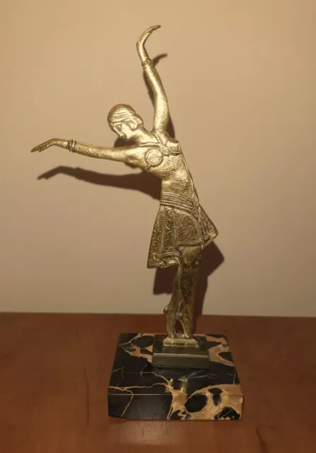 Danseuse Figurine Bronze Sur Marbre Portor Art Deco