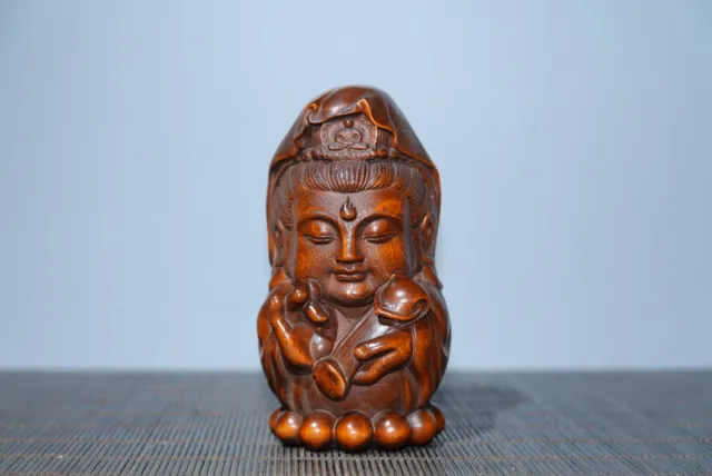 Chinese Natural Boxwood Handcarved Exquisite Guanyin Statue AE2757