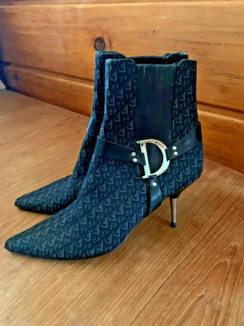 Authentic Christian Dior Diorissimo Fabric Leather Trim Stiletto Ankle Booties 7