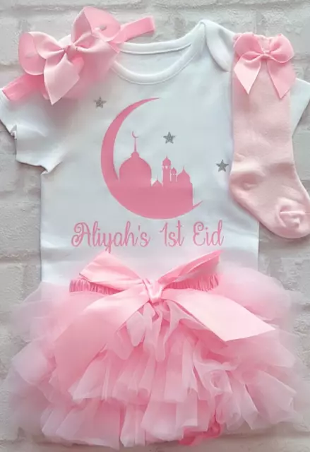 Baby Pink Personalised Baby Girls First Eid Frilly Tutu Knicker Outfit Socks