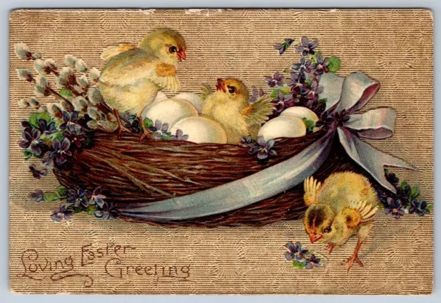 Loving Easter Greeting, Chicks, Basket, Eggs, Violets, 1909 Embossed Postcard