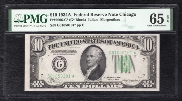 Fr. 2006-G* 1934-A $10 *Star* Frn Chicago, Il Pmg Gem Uncirculated-65Epq