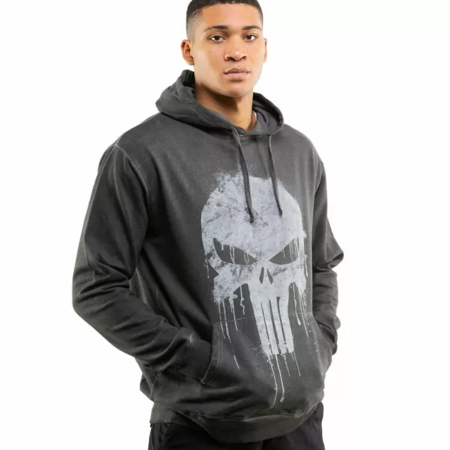 Marvel Mens Hoodie The Punisher Skull Acid Wash Jumper Black S-XXL