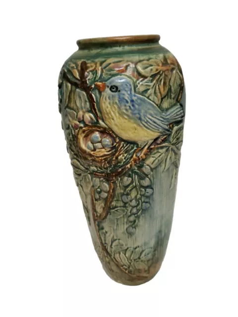 WELLER 10 1/2" Vase GLENDALE Blue Bird w/nest Signed McLAUGHLIN c1920s Sm Chip