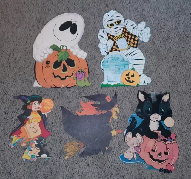 Lot Of 5 Vintage HALLOWEEN Die Cut Out Decorations - Mummy Ghost Cats Witch