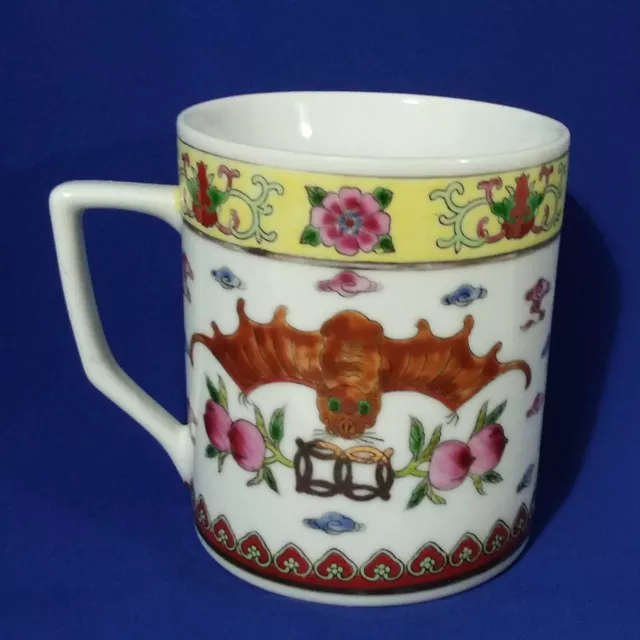 Lucky Bat Wing and Persimmon CHINESE HAND PAINTED PORCELAIN TEA COFFEE CUP MUG