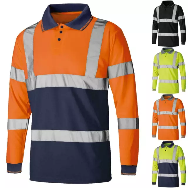 Hi Vis Viz High Visibility Reflective Long Sleeve Polo Shirt Safety Work Top new