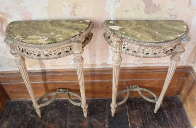 19th C Continental Lime Wood Demi Lune Pair Console Tables Faux Marble Painted