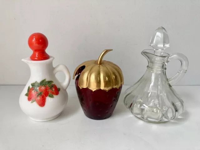 VTG 3 Jars Cruet Bottle Strawberry Avon Milk Glass Jam Ruby Perfume Figural