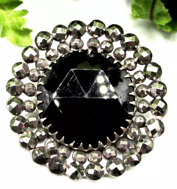 Sparkling Lg. Victorian Cut Steel Button W/ Faceted Black Glass Jewel B39