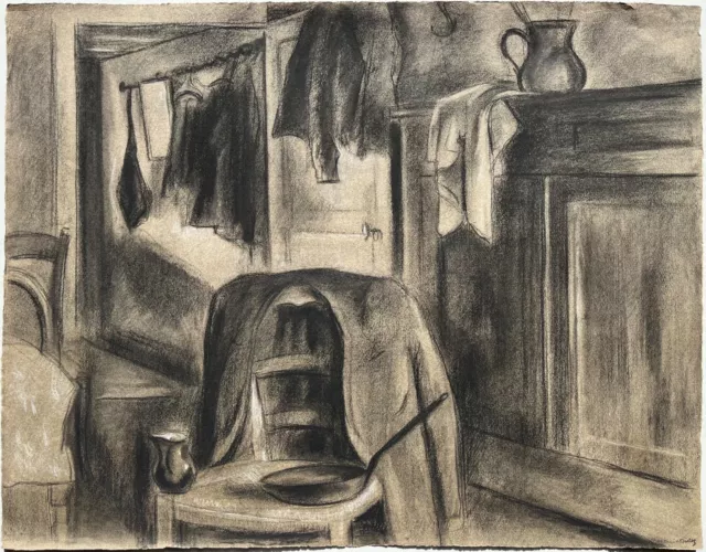 Bertrand Mogniat-Duclos (1903-1987)- dessin original au fusain - la chambre