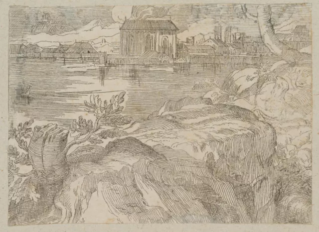 Unbekannt (18.Jhd), Stadtlandschaft am Fluss, um 1700, Radierung Barock