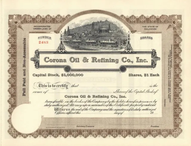 Corona Oil and Refining Co, Inc - 1920's dated Unissued Stock Certificate - Gene