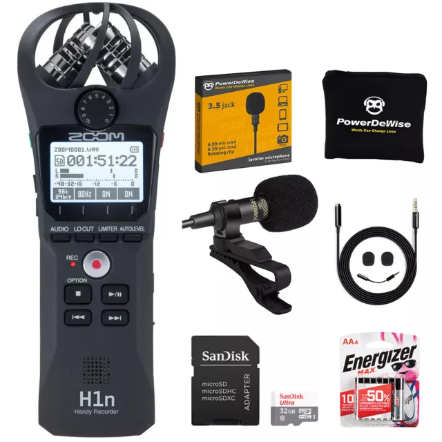 Zoom H1n Handy Recorder Value Pack w/ Lav Mic, 32GB Memory Card, & AA Battery