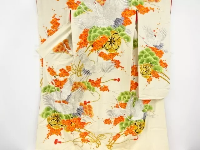 36125# Japanese Kimono / Antique Uchikake / Embroidery / Flower Cart & Crane