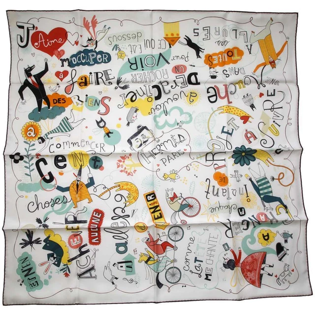 HERMES Scarf Carre 90 Les Confessions 100% Silk White Yellow Multi w/Box R2076