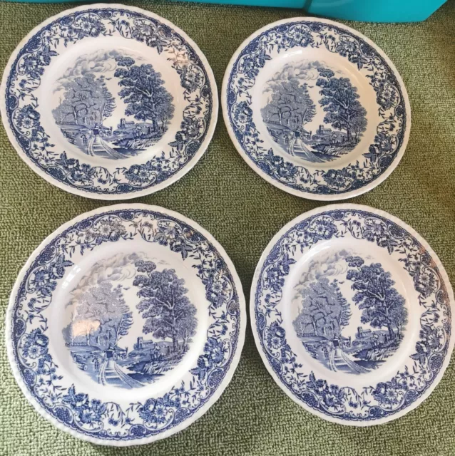 4 X Royal Tudor Ware Olde England 20cm Dessert Plates. Blue & White