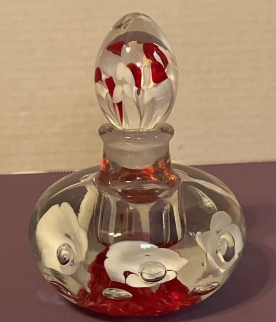 Vintage Joe St. Clair White & Red Floral Blown Glass Perfume Bottle/Paperweight