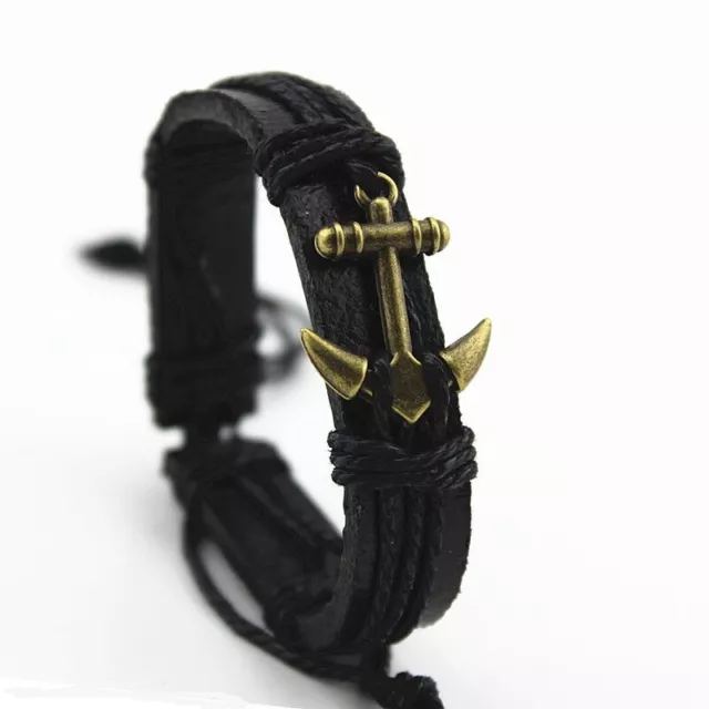Mens Womens Genuine Black Leather Cuff Anchor Bangle Bracelet Wristband #B284