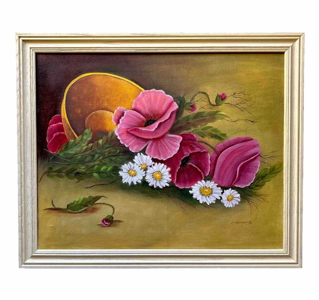 VINTAGE ORIGINAL OIL Painting on Canvas Still Life Flowers -Signed ...