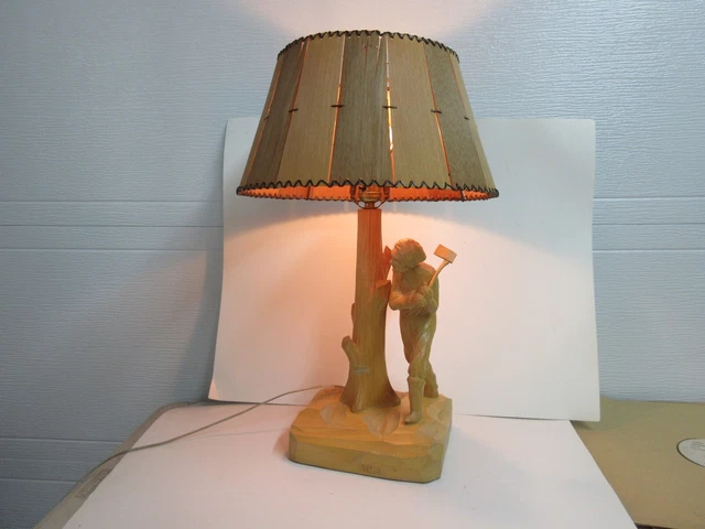 Vintage Paul Emil Caron Wood Carved Folk Art Lamp Collectible Quebec Canada