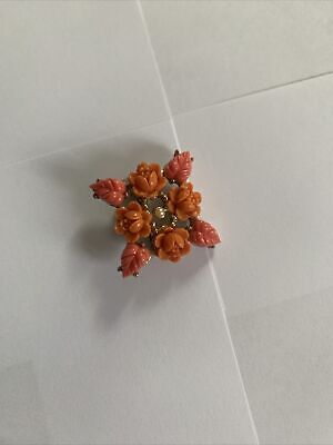 Vintage Coral Carved Celluloid Flower Rose Seed Pearl Brooch Pin NICE!