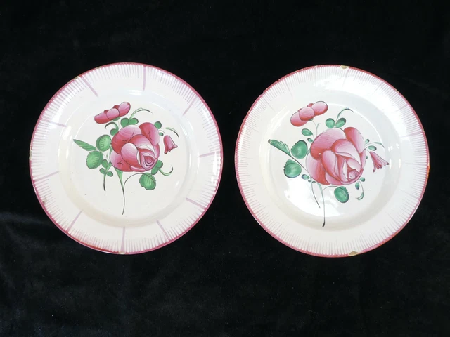 Lot de 2 Assiettes en Faience de l'est rose rouge 19eme LUNEVILLE / ST CLEMENT
